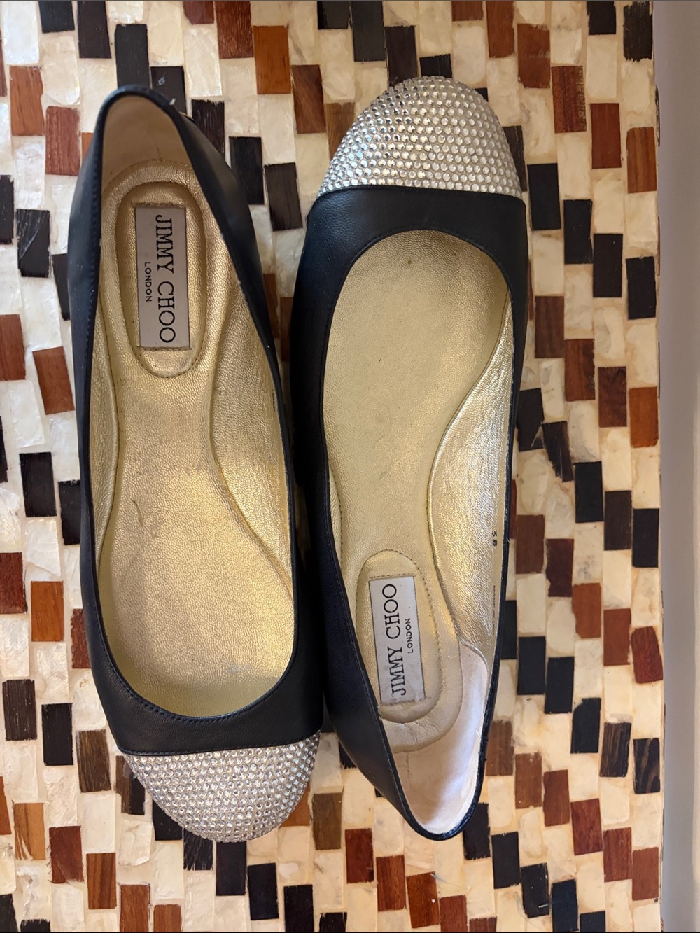Jimmy Choo Black Leather Ballet Flats with Silver Crystal Cap Toe